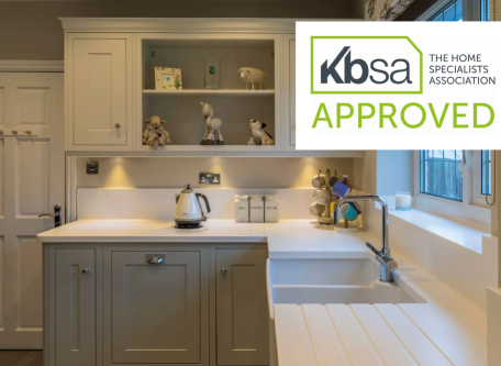 A farmhouse style kitchen with the KBSA approved logo on it