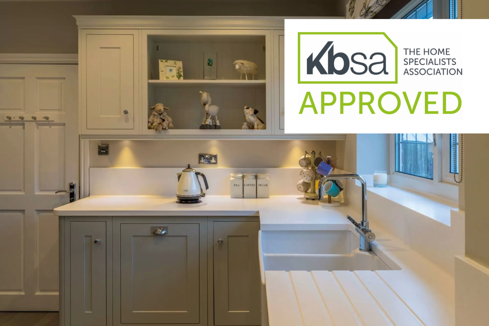 A farmhouse style kitchen with the KBSA approved logo on it