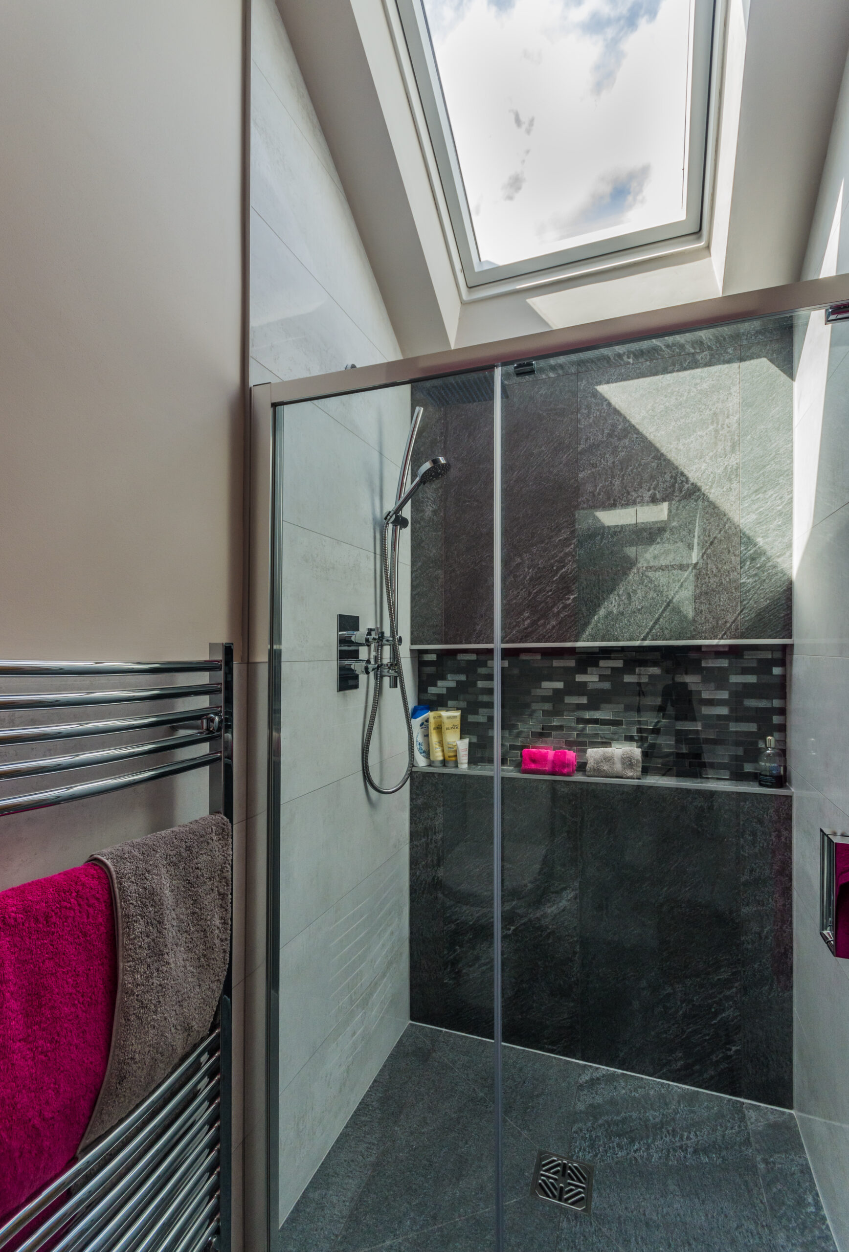 Black tile walk in shower