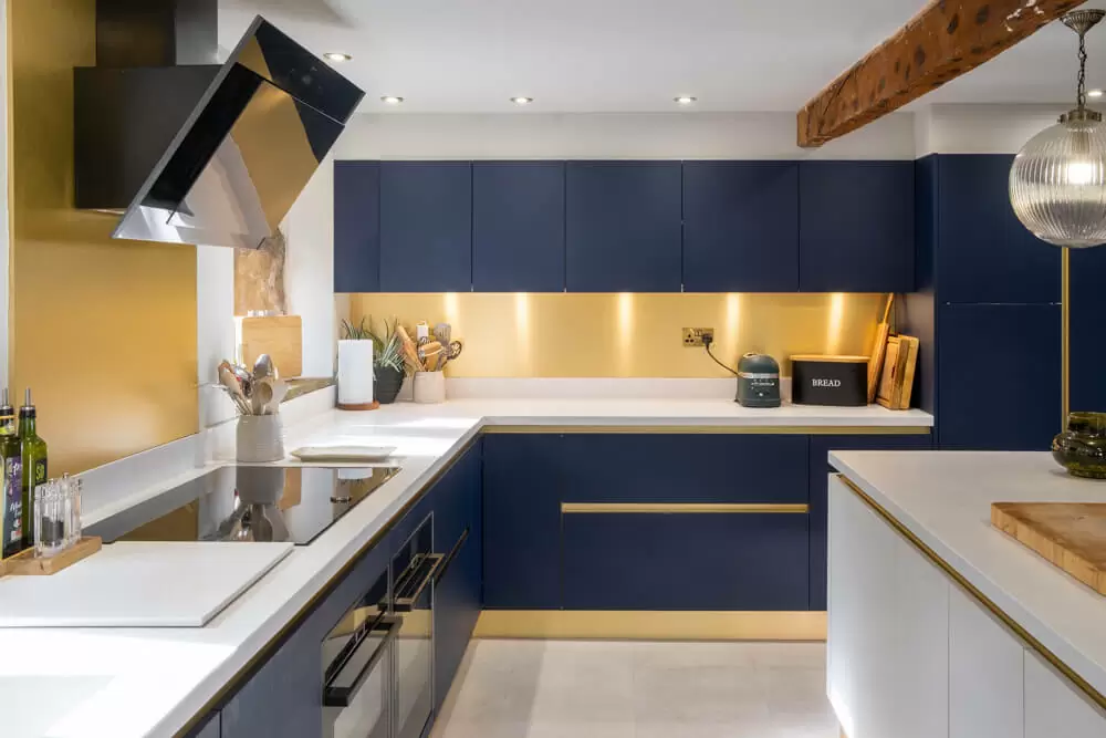 gold and blue kitchen